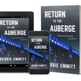 3D image of book cover of Return to the Auberge by Debbie Emmitt on tablet, smartphone and paperback book