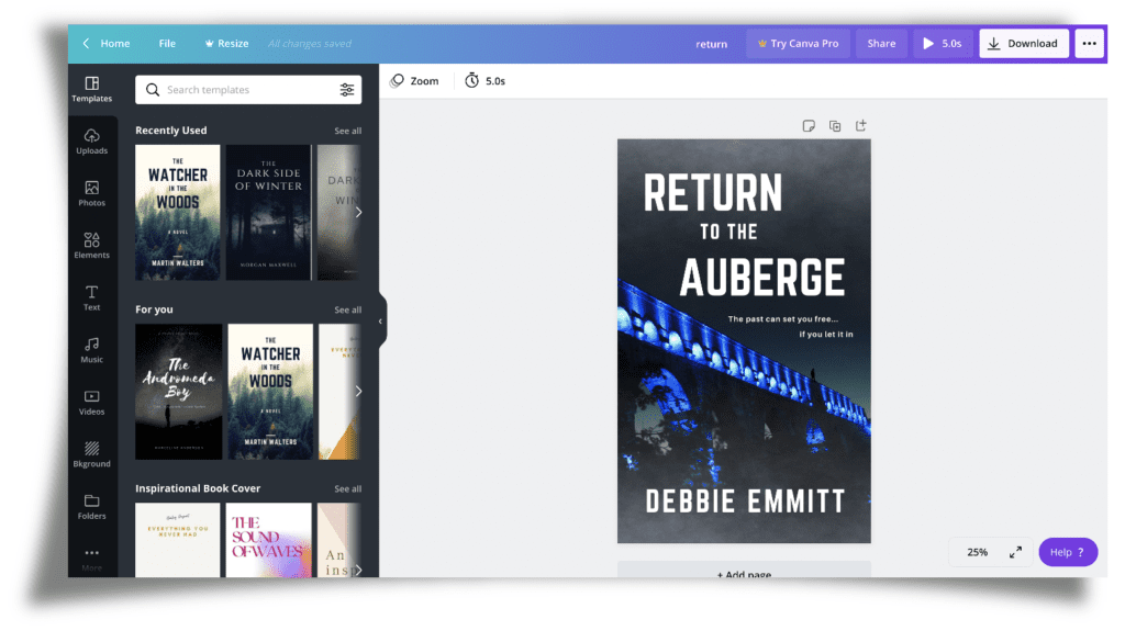 Screenshot of canva.com showing finished front cover of Return to the Auberge by Debbie Emmitt