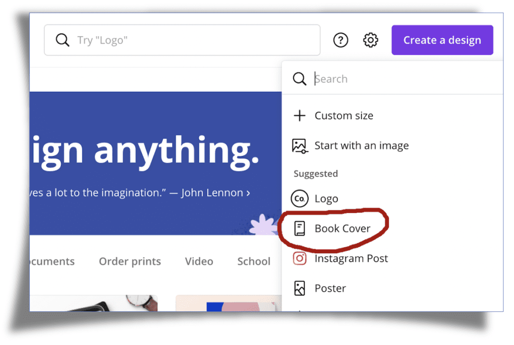 Screenshot of canva.com highlighting the Book Cover option