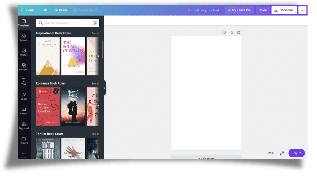 Screenshot of canva.com showing the selection of book cover templates