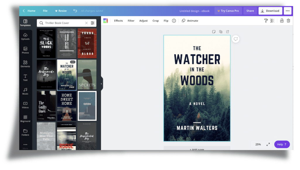 Screenshot of canva.com showing a book cover template being selected