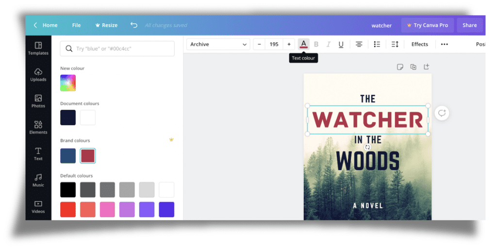 Screenshot of canva.com showing the colour options for text of a book cover