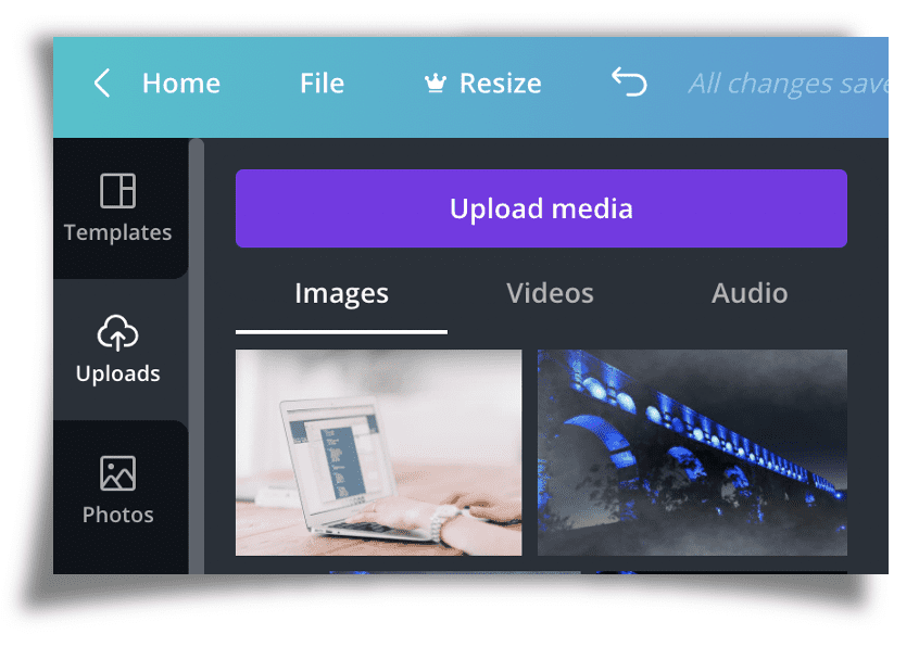 Screenshot of canva.com showing the Upload media button