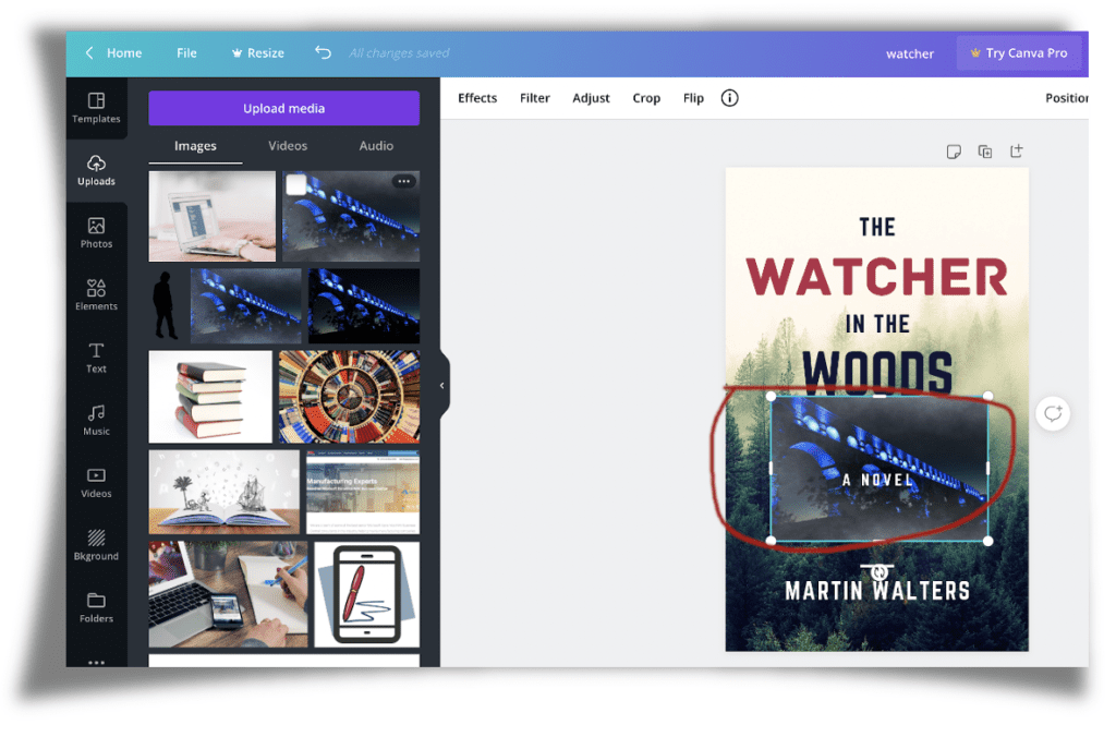 Screenshot of canva.com highlighting an image dragged onto a book cover template