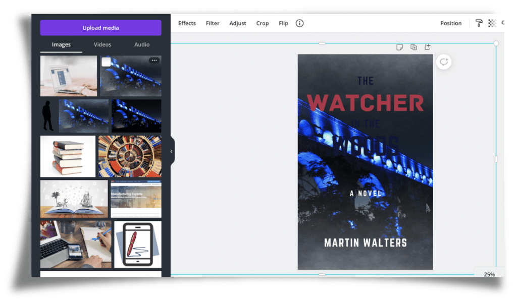 Screenshot of canva.com showing an image having been expanded to fit a book cover template