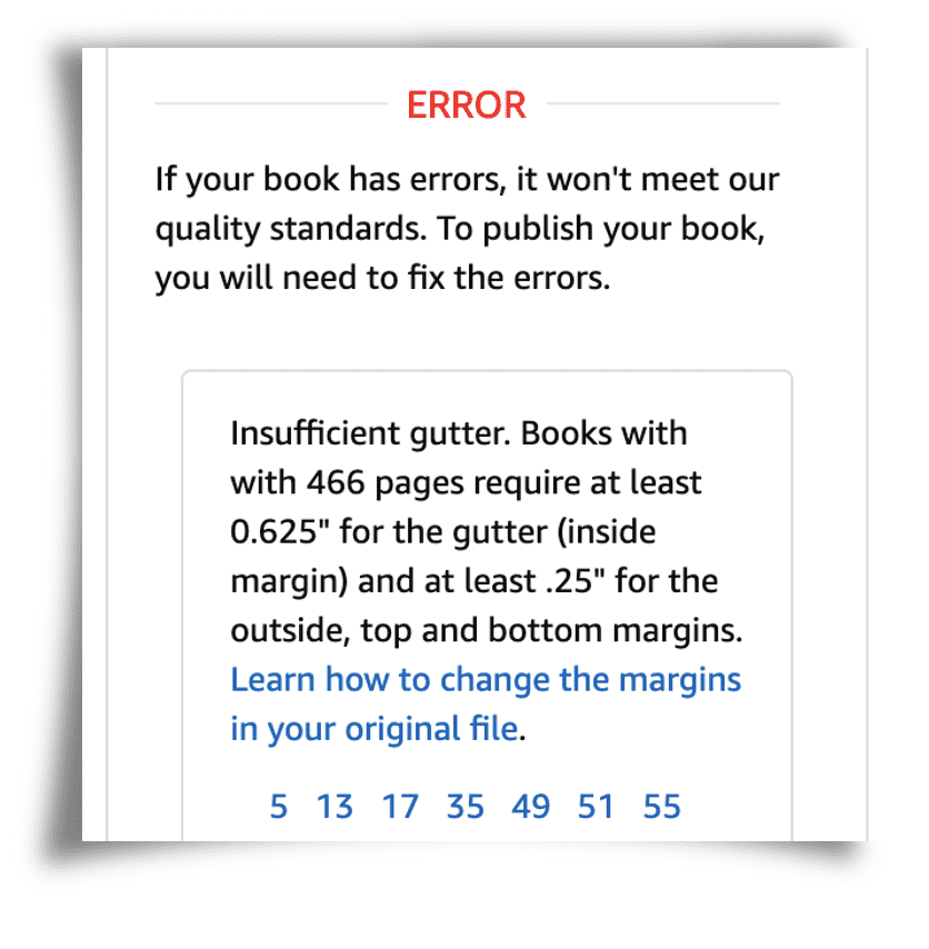 Amazon KDP screenshot showing error message on preview