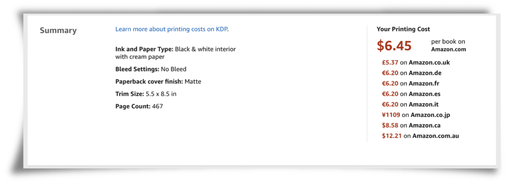 Amazon KDP screenshot showing costs