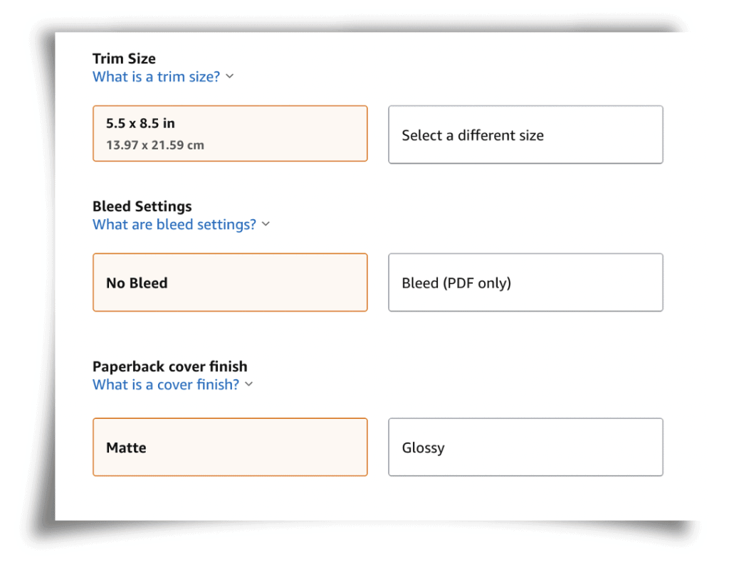 Amazon KDP screenshot showing paper size, bleed and cover options