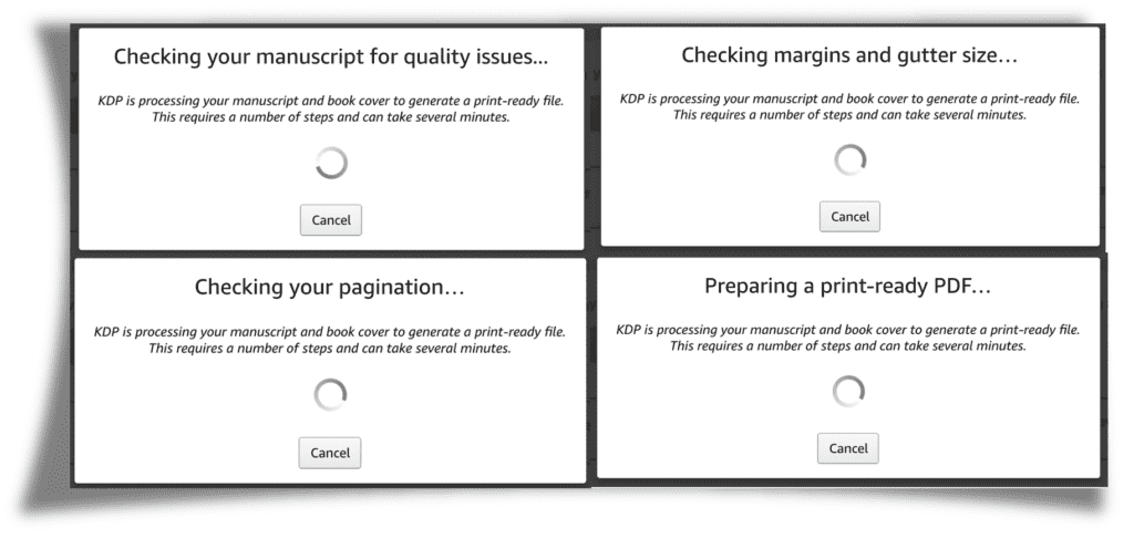 Amazon KDP screenshot showing different messages that pop up while preview is generating