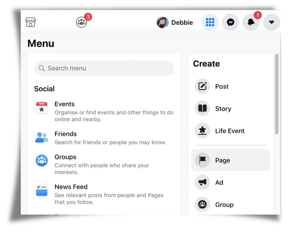 Screenshot of Facebook showing Create Page option
