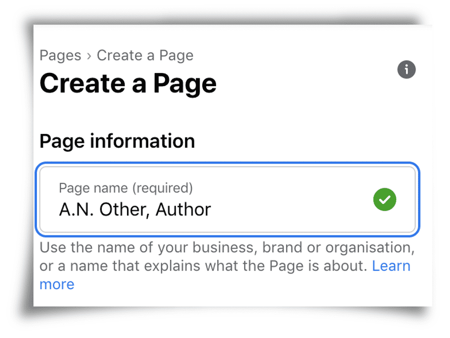 Screenshot of Facebook showing Page Name field filled in