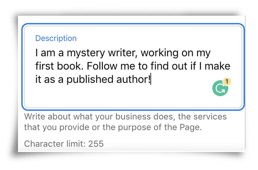 Screenshot of Facebook showing Page Description filled in