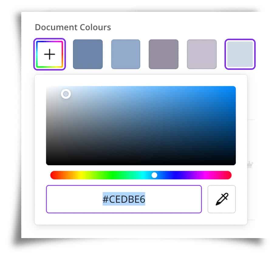 Screenshot of canva.com showing hex code colour picker