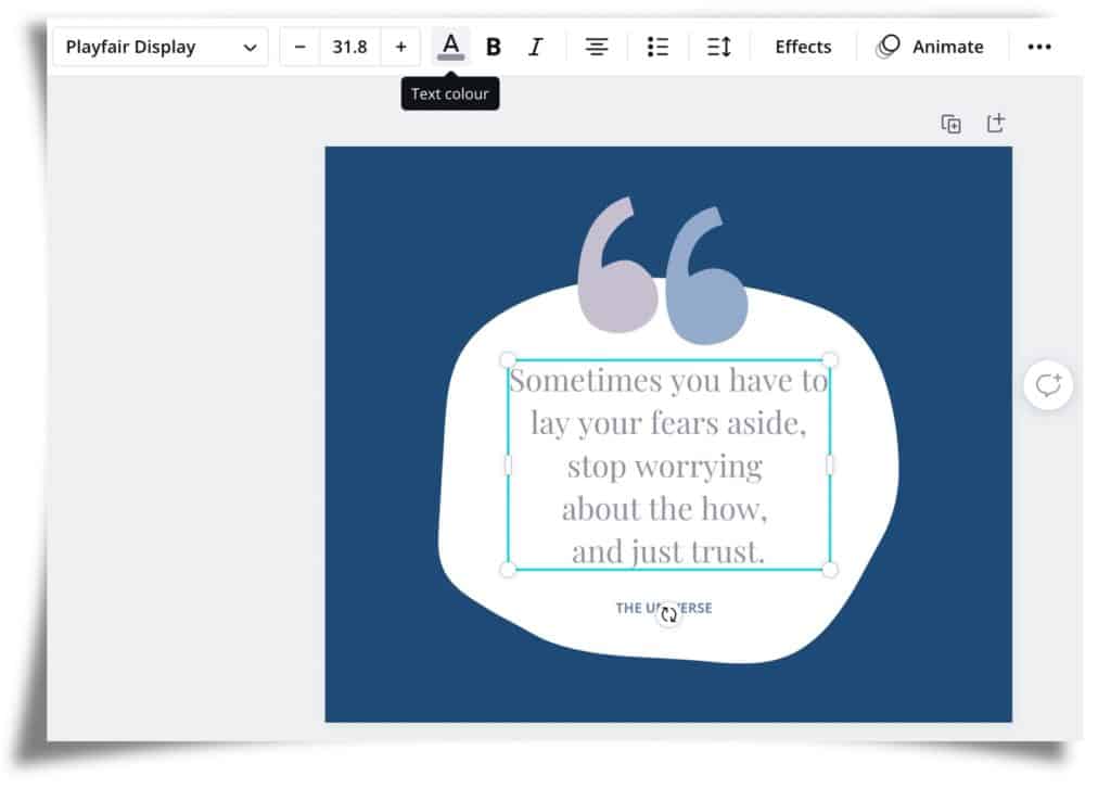 Screenshot of canva.com showing text box selected