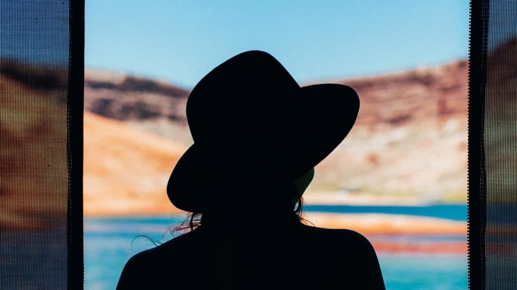 Silhouette of person wearing a hat