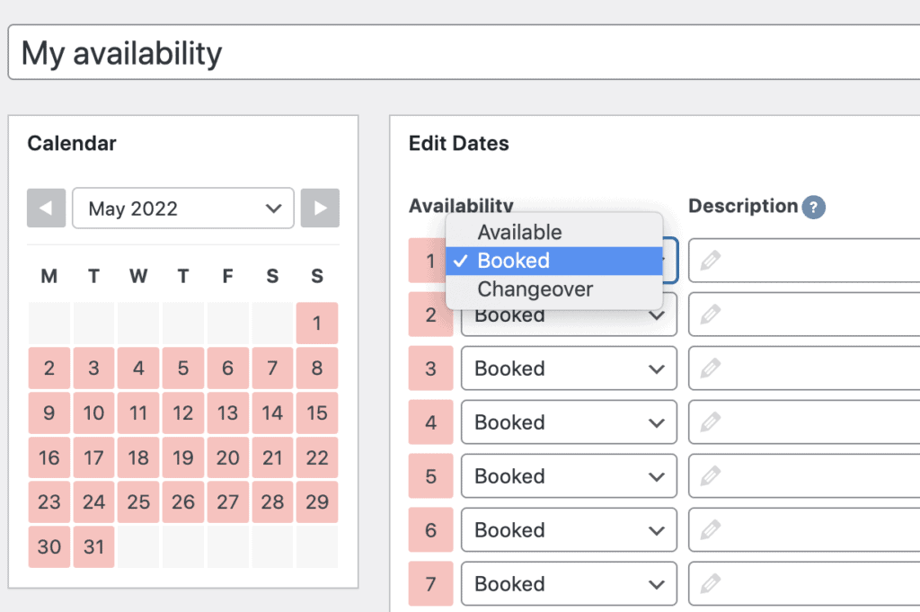 Screenshot of WP Simple Booking Calendar admin panel