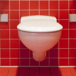 White toilet against a red tiled wall