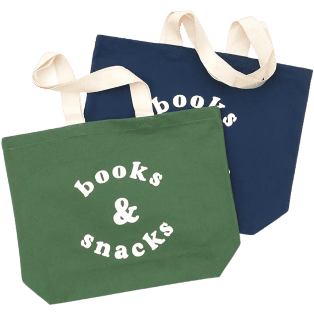 Two tote bags, one green, one blue, with the words 'books & snacks'