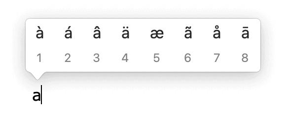 Diacritical marks options above letter 'a'