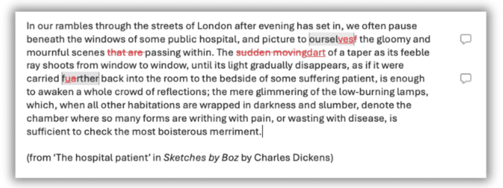 Text from Sketches by Boz by Charles Dickens, showing tracked changes in red