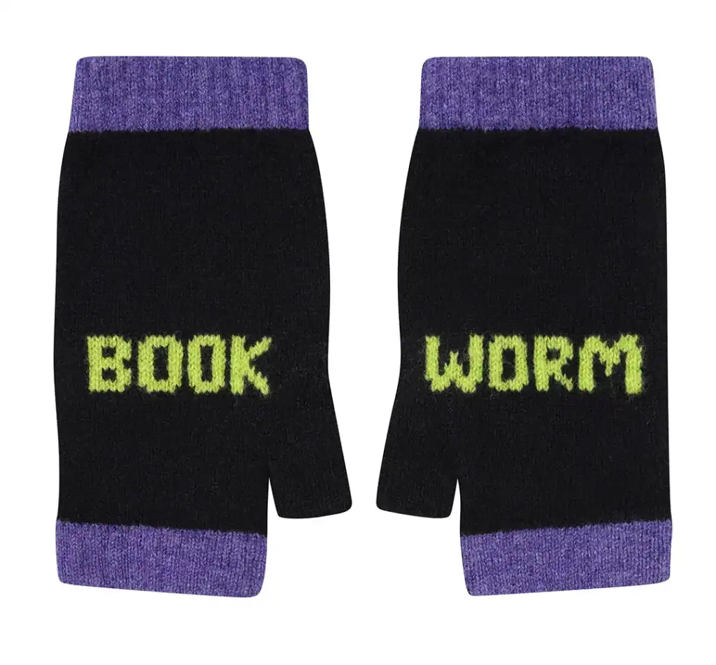 Black and purple fingerless mitten with Book Worm text on them