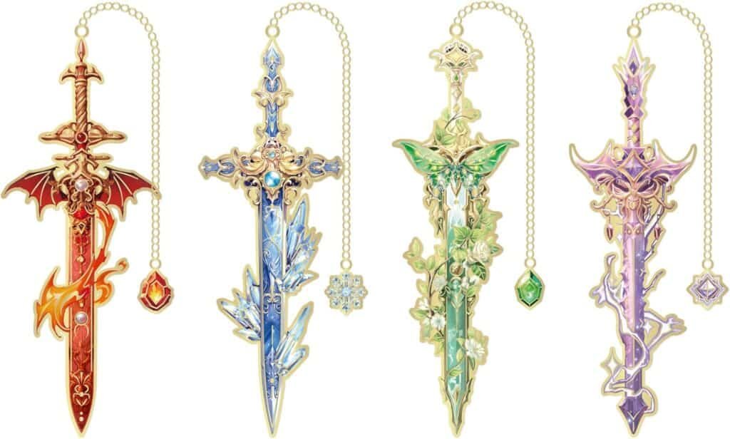 Four different coloured bookmarks in the shape of fantasy swords
