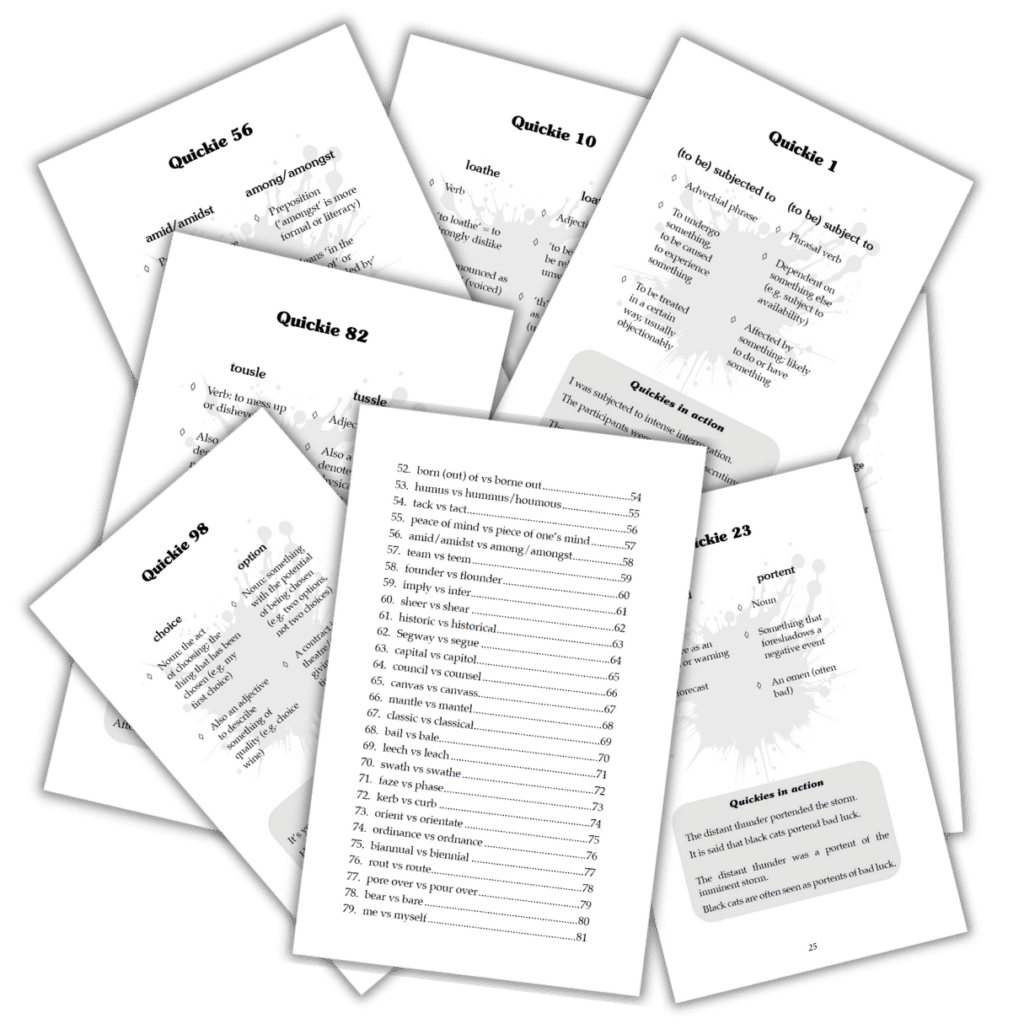 Some interior pages from Tricky Quickies 1 by Debbie Emmitt, including subjected to vs subject to, loath vs loathe, amid vs among, choice vs option, tousle vs tussel, portend vs portent