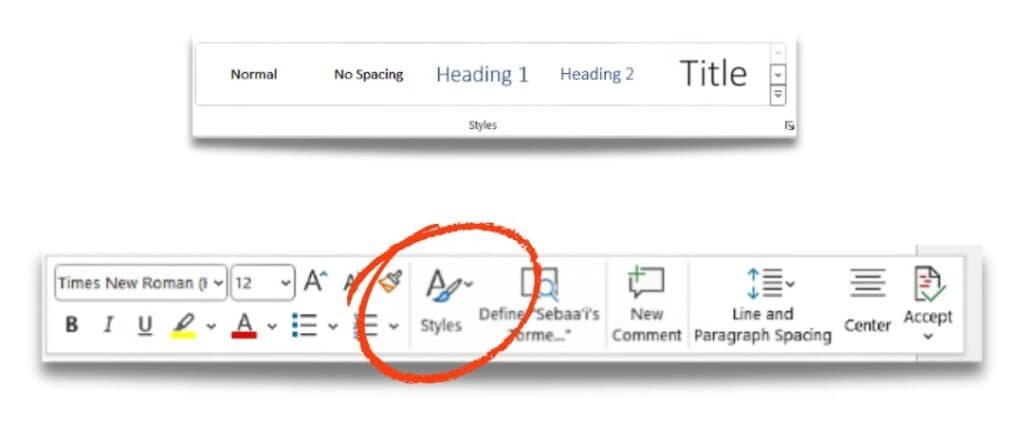 Screenshots of Word on a PC showing the Styles pane and Styles button in the right-click menu