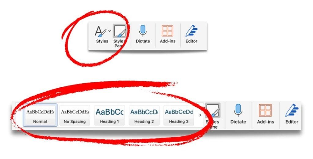 Screenshots of Word on a Mac showing the Styles pane and Styles button