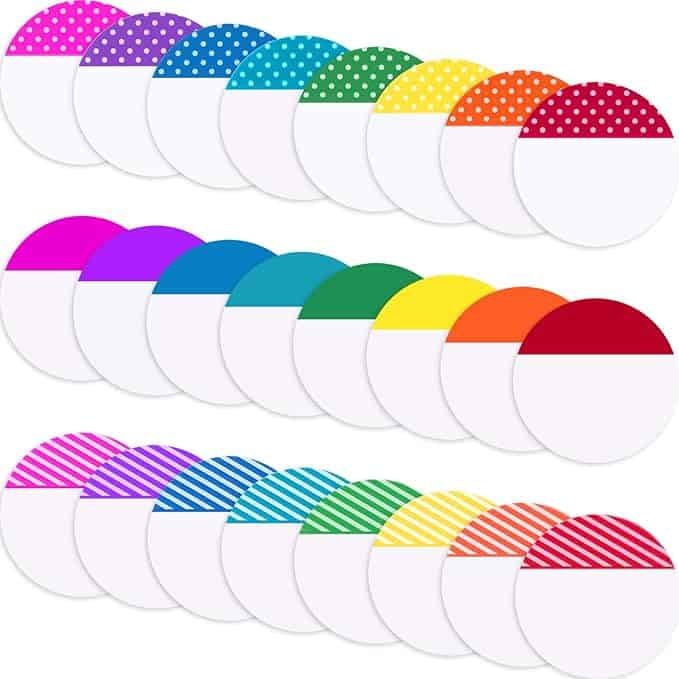 Three rows of circular index tabs with rainbow coloured edges
