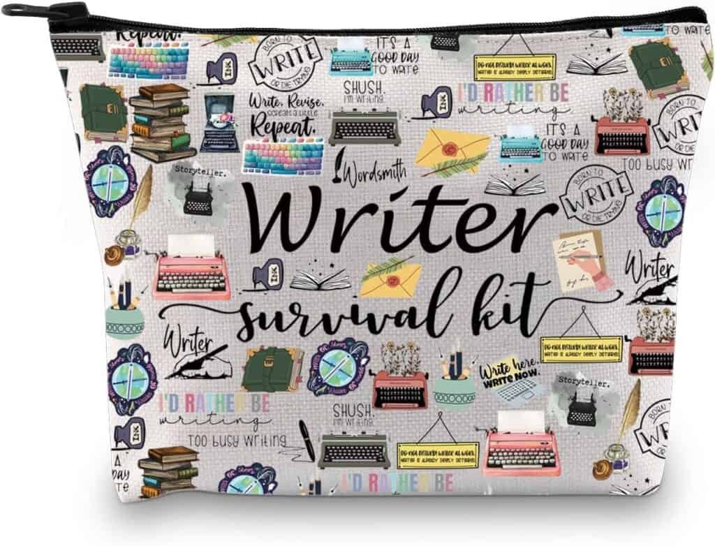 Cosmetic back with text "Writer survival kit"