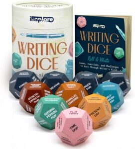 Multi-sided, multi-coloured dice with writing prompts